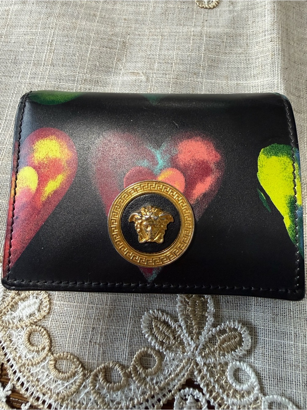 Versace Black Leather Wallet with Gold Medusa and Colorful Hearts